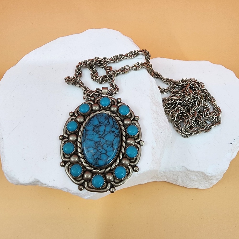 Nickel Silver Turquoise Color Pendant Necklace Southwestern Statement Vintage